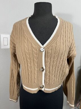 Love Tree Tan Cropped Cable Knit Cardigan with White Trim